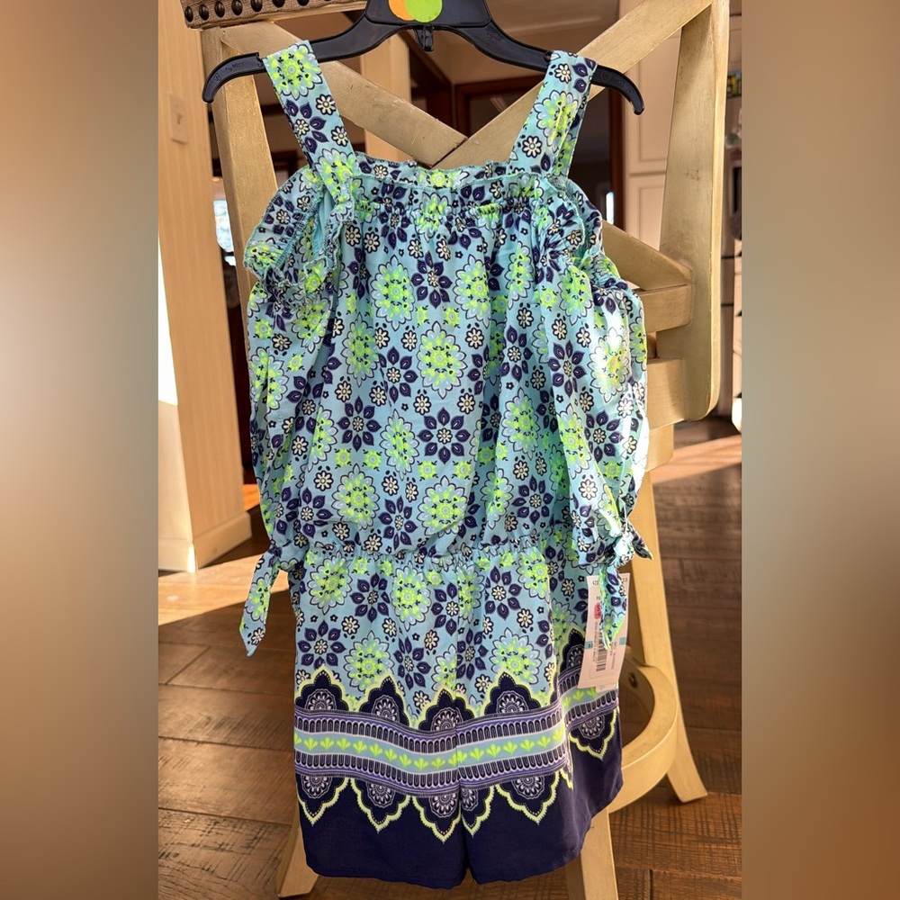 NWT Takara girls blue and green pattern romper